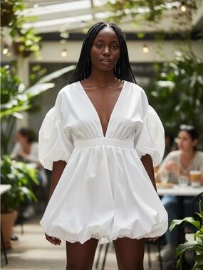 Low-VNeck White Puff Sleeve Mini Dress